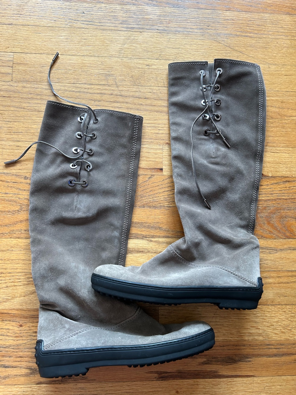 TODS Women’s Tall Lace-Up Suede Boots - Taupe